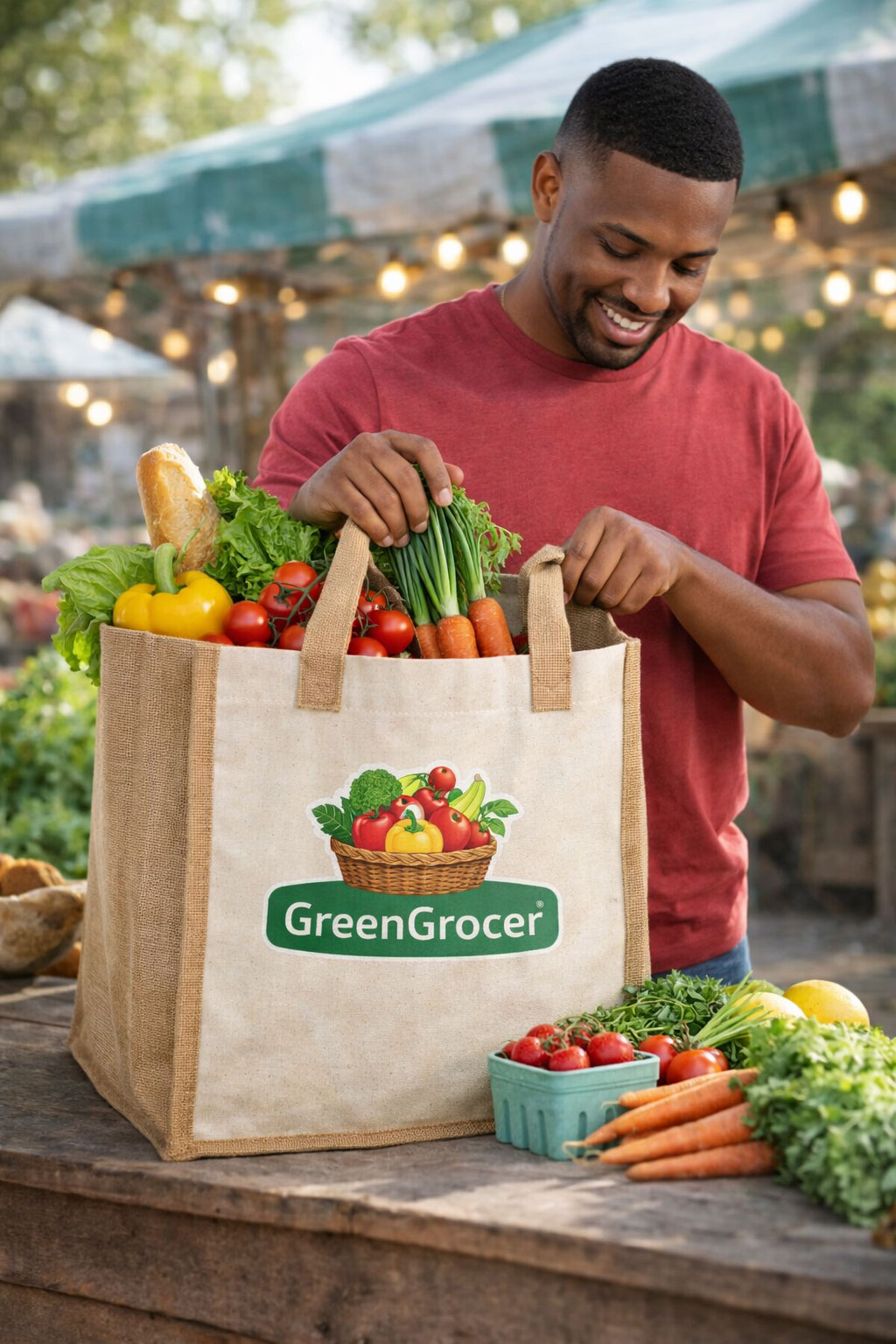 Man shopping at an outdoor farmers market using a custom logo jute grocery tote bag filled with fresh produce, demonstrating reusable eco-friendly promotional bag in real-life setting.