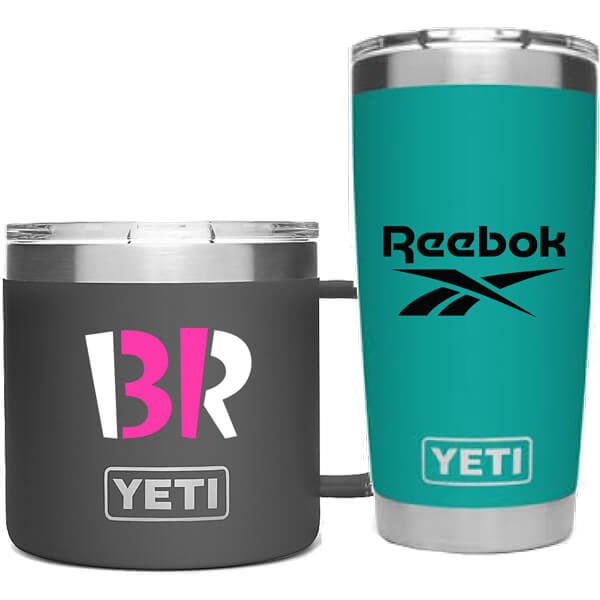 Black and teal custom yeti mug and tumbler side by side with custom logos 