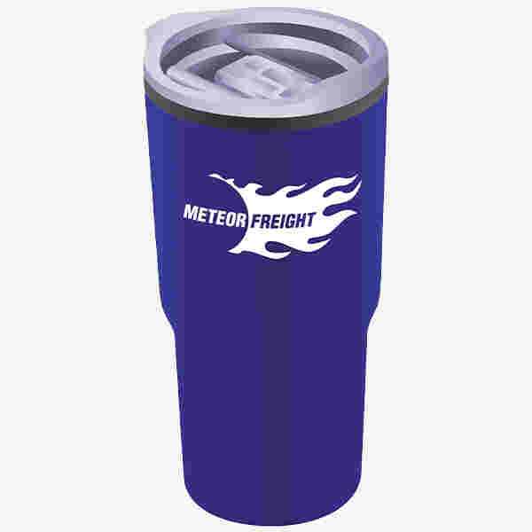 Blue stainless steel tumbler with clear slide on lid